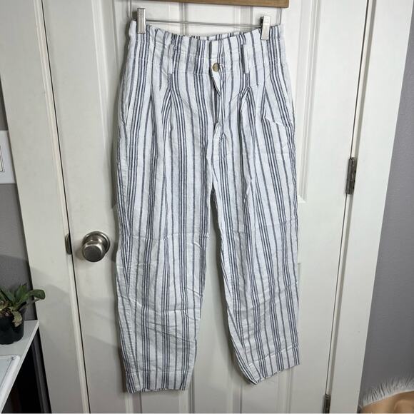 Madewell Linen Cotton Baltic Stripe Paper Bag Waist High Waisted Pants Size 2 - Picture 2 of 7